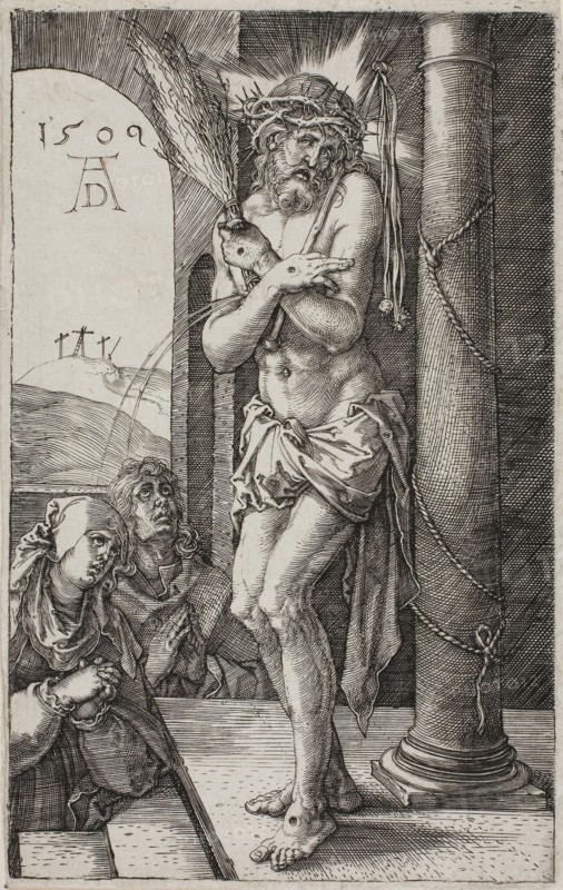 Man of Sorrows by the Column, frontispiece from The Engraved Passion, 1509, published 1513, Albrecht Dürer, German, 1471-1528, Germany, Engraving in black on ivory laid paper, 119 x 74 mm (image/plate), 122 x 77 mm (sheet)
