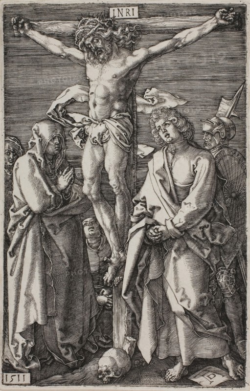 Crucifixion, from The Engraved Passion, 1511, published 1513, Albrecht Dürer, German, 1471-1528, Germany, Engraving in black on ivory laid paper, 118 x 75 mm (image/plate), 120 x 78 mm (sheet)