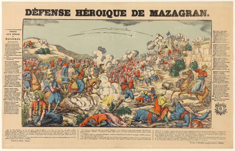 Heroic Defense of Mazagran, late 18th or early 19th century, Unknown artist, Printed by Jean-Charles Pellerin (French, 1756-1836), France, Woodcut with hand-coloring on cream wove paper, 308 × 534 mm (image), 419 × 652 mm (sheet)