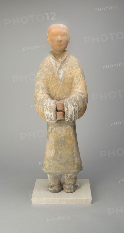 Female Attendant (Tomb Figurine), Western Han dynasty (206 B.C.–A.D. 9), c. 2nd century B.C., China, probably Shaanxi province, China, Gray earthenware with slip coating and polychrome pigments, 57.2 × 18.0 × 14.8 cm (22 1/2 × 7 1/16 × 5 13/16 in.)
