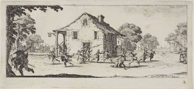 Scene of Pillage, plate four from The Miseries of War, n.d., Jacques Callot, French, 1592-1635, France, Etching on paper, 82 × 187 mm (plate), 91 × 198 mm (sheet)