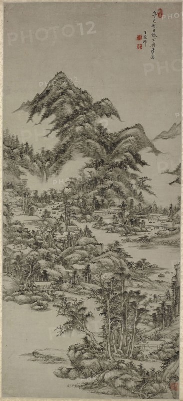 Landscape after Huang Gongwang, Qing Dynasty (1644–1911), dated 1701, Wang Yuanqi, Chinese, from Taicang, Jiangsu province, 1642-1715, China, Hanging scroll, ink and color on paper, with box