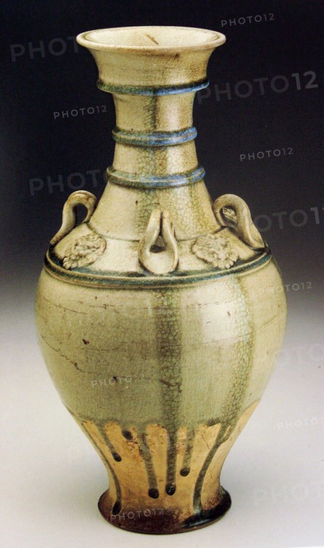 Vase (Hu) with Horizontal Bands, Loop Handles, and Lionlike Medallions, Sui dynasty (581–618), China, Stoneware with underglaze molded and applied decoration, H. 41.6 cm (16 3/8 in.), diam. 23.0 cm (9 1/16 in.)
