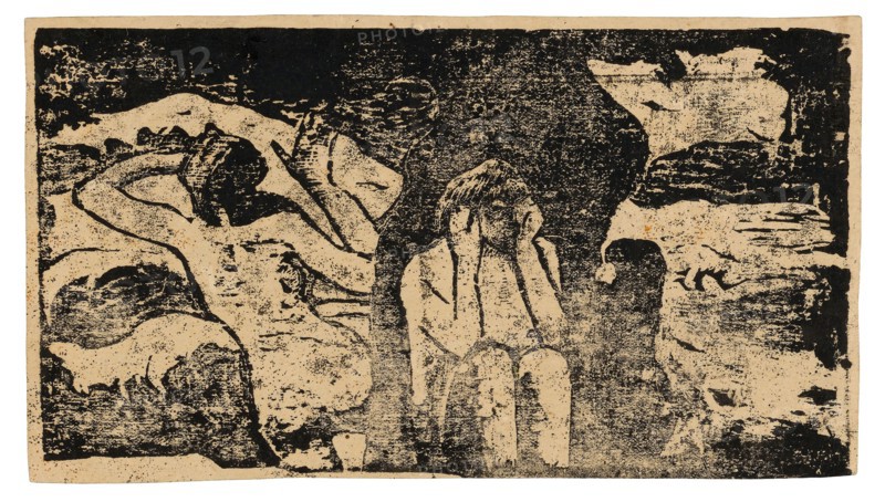 At the Black Rocks, from the Suite of Late Wood-Block Prints, 1898/99, Paul Gauguin, French, 1848-1903, France, Wood-block print in black ink on moderately thick cream wove paper, 103 × 186 mm (image), 106 × 191 mm (sheet)