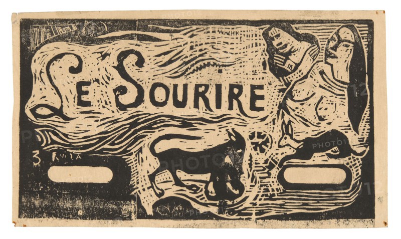 Fox, Busts of Two Women, and a Rabbit, headpiece for Le sourire, 1899/1900, Paul Gauguin, French, 1848-1903, France, Wood-block print in black ink on cream Japanese paper (recto), wood-block print in black ink over blue and green pencil on cream Japanese paper (verso)ck on cream wove paper, 105 × 185 mm (image, recto), 110 ×185 mm (image, verso), 115 × 196 mm (sheet)