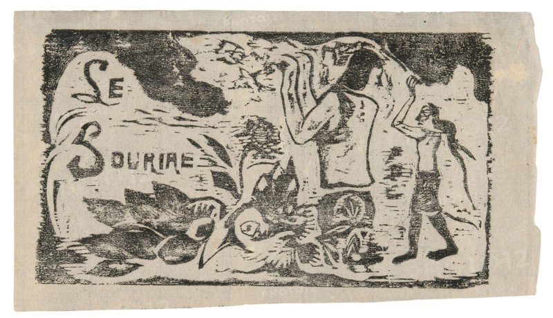 Tahitians, Flowers, and Leaves, headpiece for Le sourire, 1899/1900, Paul Gauguin, French, 1848-1903, France, Wood-block print in black ink on thin ivory laid Japanese paper, 104 × 183 mm (image), 123 × 215 mm (sheet)