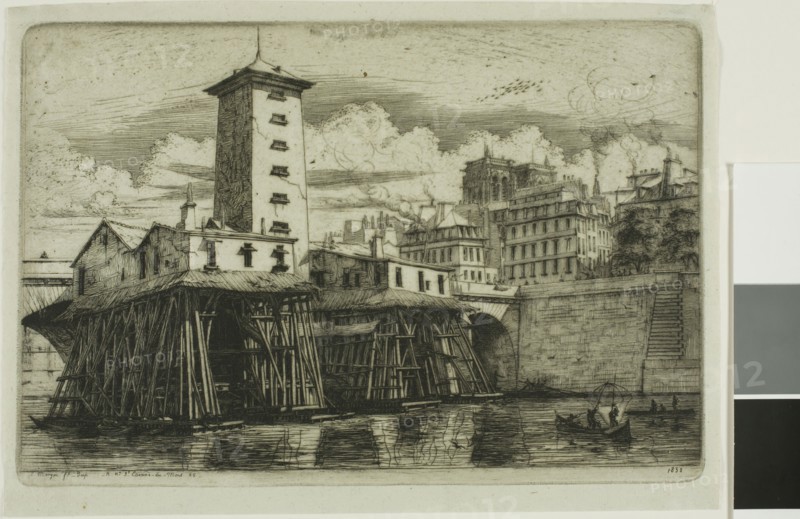 La Pompe Notre-Dame, Paris, 1852, Charles Meryon, French, 1821-1868, France, Etching with drypoint on verdâtre (greenish) laid chine, 170 × 251 mm (image), 170 × 251 mm (plate), 187 × 262 mm (sheet)