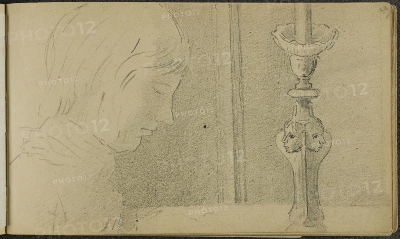 Sketchbook, c. 1879–85, Odilon Redon, French, 1840-1916, France, 55-page sketch book of drawings in pencil on cream wove (with a few buff and blue) paper, with (simulated) laid paper interleaves, bound in black cardboard with black fabric taping on spine, 110 × 185 × 17 mm