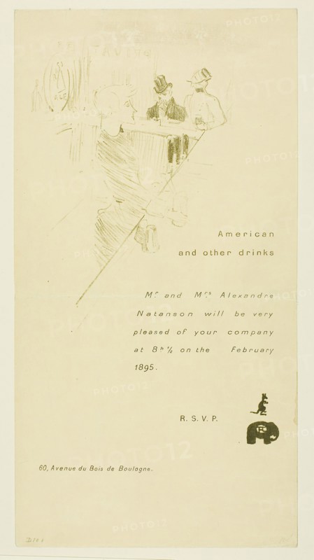 Invitation for Mr. and Mrs. Alexandre Natanson, 1895, Henri de Toulouse-Lautrec, French, 1864-1901, France, Color lithograph on cream wove paper, 258 × 157 mm (image), 340 × 179 mm (sheet)