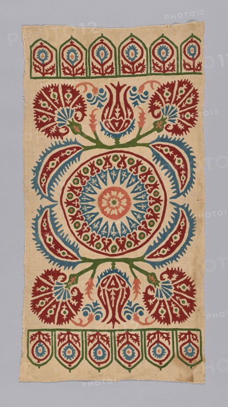 Cushion Cover, 17th century, Turkey, Turkey, Linen, plain weave, backed with cotton, plain weave, embroidered with silk floss and silk yarns in laid work and couching, 104.2 x 53.4 cm (41 x 21 in.)