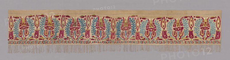 Panel (For a Bedcover), 17th century, Greece, Epirus Province or Ionian Islands, Greece, Linen, plain weave, embroidered with silk in running (pattern darning), split, and stem stitches, edged with plied and knotted weft fringe, 205.6 x 41.9 cm (80 7/8 x 16 1/2 in.)