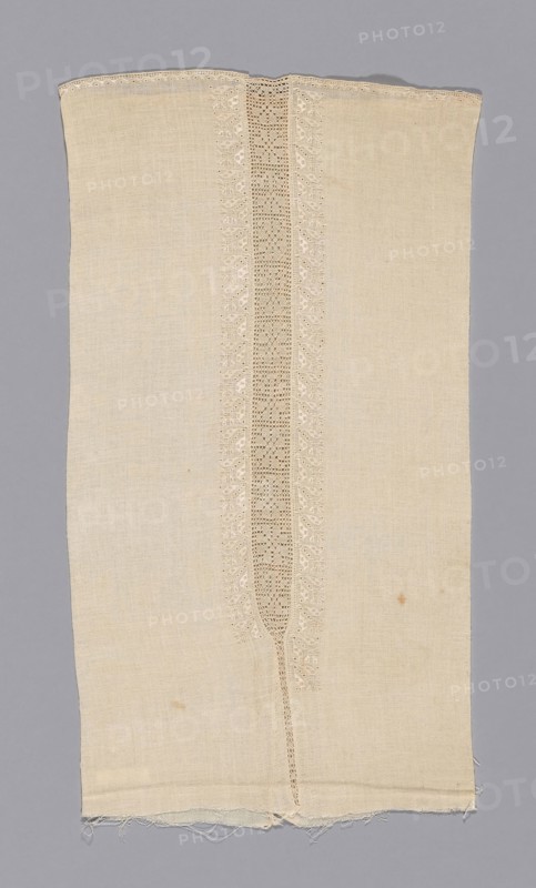 Neck Insert, 18th century, Greece, Ionian Islands, Leukas, Levkás, Linen, plain weave, embroidered in eyelet hole, hem, overcast, and satin stitches, insets of linen, needle lace, 37.4 x 21 cm (14 3/4 x 8 1/4 in.)