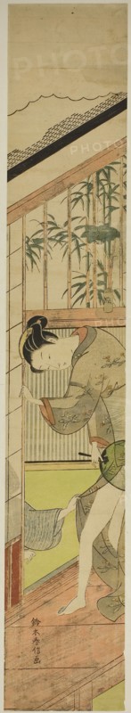 Man Pulling at a Woman’s Kimono, c. 1768/69, Suzuki Harunobu ?? ??, Japanese, 1725 (?)-1770, Japan, Color woodblock print, hashira-e, 27 3/4 x 4 3/4 in.