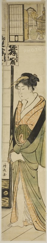Courtesan Standing Beneath a Shelf for Talismans, c. 1783, Torii Kiyonaga, Japanese, 1752-1815, Japan, Color woodblock print, hashira-e, 69.1 x 12.6 cm