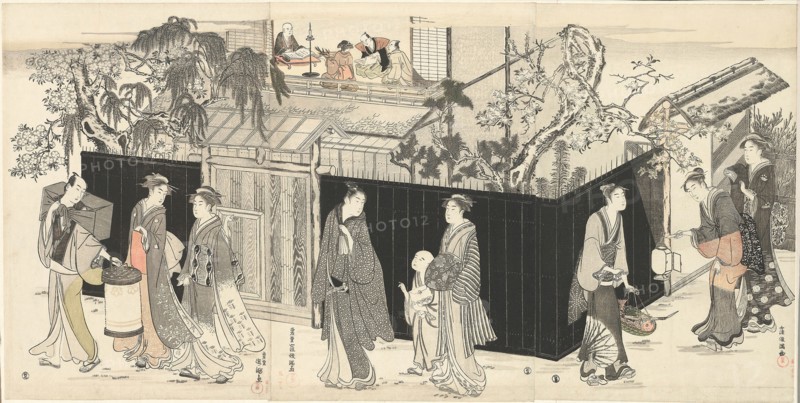 Returning from a Poetry Gathering, c. 1785/89, Kubo Shunman, Japanese, 1757–1820, Japan, Color woodblock print, oban triptych, 37.8 x 25.4 cm (right sheet), 38.0 x 25.4 cm (center sheet), 37.7 x 25.5 cm (left sheet), 38.0 x 75.4 cm (all three sheets)