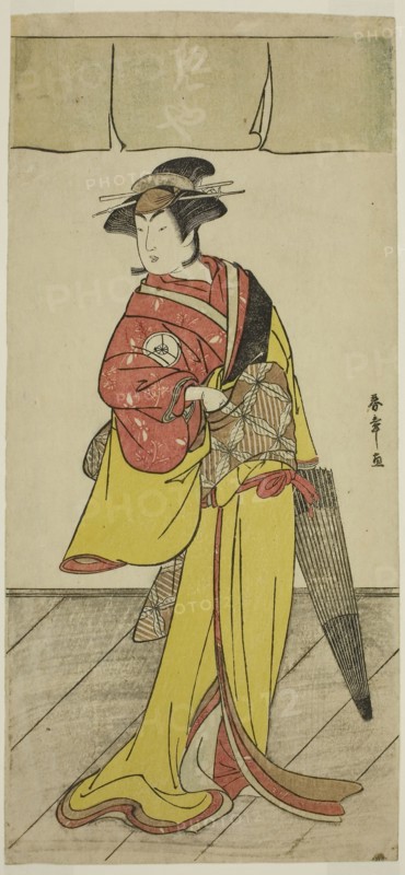 The Actor Iwai Hanshiro IV as Osuwa in the Play Koi no Yosuga Kanagaki Soga, Performed at the Ichimura Theater in the Fourth Monther, 1789, c. 1789, Katsukawa Shunsho ?? ??, Japanese, 1726-1792, Japan, Color woodblock print, hosoban, right sheet of diptych (?), 32.1 x 14.7 cm (12 5/8 x 5 13/16 in.)