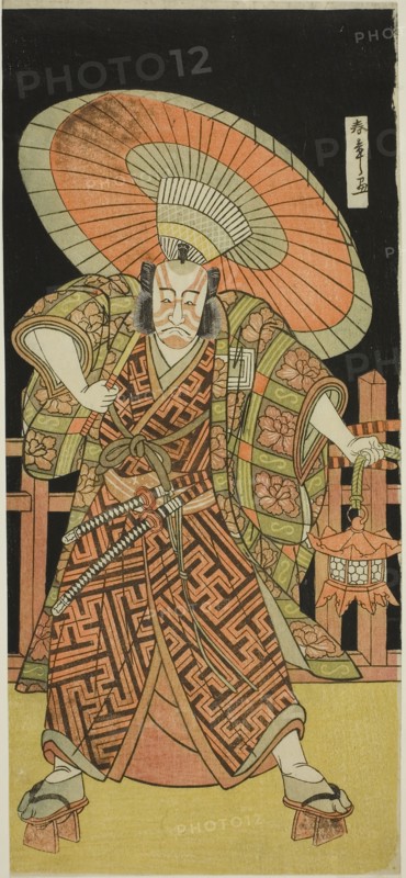 The Actor Ichikawa Danjuro V as Kazusa no Gorobei Tadamitsu in the Play Kitekaeru Nishiki no Wakayaka, Performed at the Nakamura Theater in the Eleventh Month, 1780, c. 1780, Katsukawa Shunsho ?? ??, Japanese, 1726-1792, Japan, Color woodblock print, hosoban, 32.1 x 14.5 cm (12 5/8 x 5 11/16 in.)