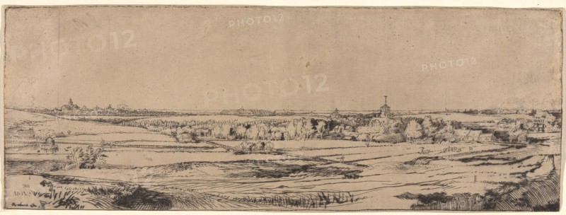 Panorama Near Bloemendael Showing the Saxenburg Estate (The Goldweigher’s Field), 1651, Rembrandt van Rijn, Dutch, 1606-1669, Holland, Etching and drypoint in black ink on cream Japanese paper, now discolored to tan, 122 x 324 mm (sheet, trimmed to platemark)