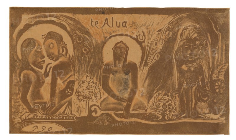 Te atua (The God), from the Noa Noa Suite, 1893/94, Paul Gauguin, French, 1848-1903, France, Wood-block print, printed twice in orange and brown inks, over residual black ink, with wiping and touches of hand-applied black ink, on thin, pale-pink wove paper (faded to tan), 204 × 355 mm (image), 207 × 357 mm (sheet)