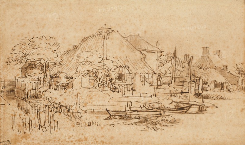A Farm on the Amsteldijk, Seen from the Northwest, 1650/53, Rembrandt van Rijn, Dutch, 1606-1669, Holland, Pen and brown ink, with touches of brush and brown wash, on cream laid paper (discolored to tan), 151 x 250 mm
