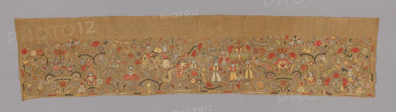 Incomplete Valance (For the Bed), 19th century, Greece, Crete, Crete, Cotton, plain weave, embroidered with silk in Armenian edge, back, buttonhole, Cretan, cross, encroaching satin, satin, single satin, split, and stem stitches, couching, 46 × 207.1 cm (18 1/8 × 81 1/8 in.)