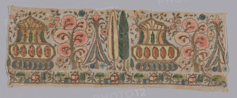 Fragment (Towel End), 19th century, Turkey, Turkey, Embroidered in kiosk and cypress design, 18.2 x 49.5 cm (7 1/8 x 19 1/2 in.)