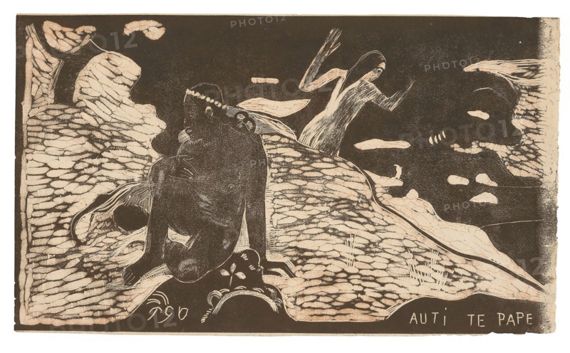 Auti te pape (Women at the River), from the Noa Noa Suite, 1893/94, Paul Gauguin, French, 1848-1903, France, Wood-block print, printed in reddish-brown and black ink on ivory wove paper (previously mounted on mottled blue wove paper laid down on cream wove card [a presentation mount]), 204 × 348 mm (image), 207 × 348 mm (sheet)