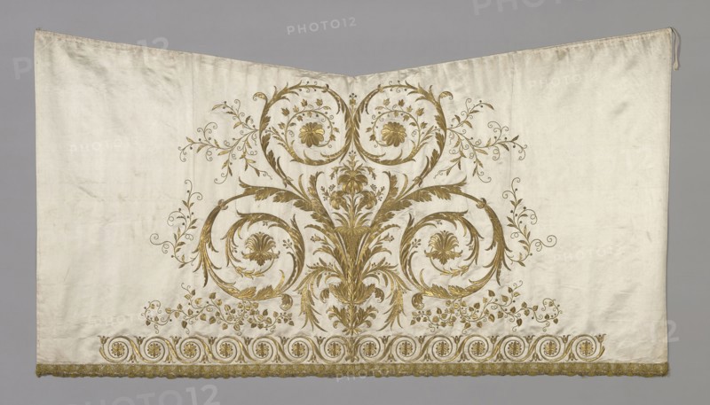 Panel (From a Skirt), 1801/50, France, Silk, satin weave, embroidered with gold metal wrapped over a silk fibre core, gold frisé, silk, gold metal formed ornaments, "purl," spangles, gold metal strips, couching over paper core and silk padding, in pattern and backstitch, trimmed with bobbin lace made of gold metal strip wound around a silk fibre core, 117.4 × 214.4 cm (46 1/4 × 84 1/2 in.)