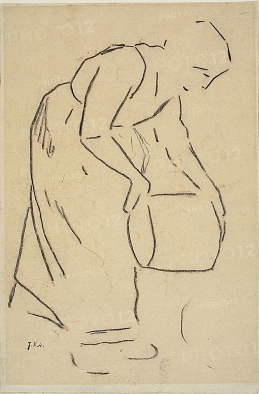 Woman Emptying a Pail, 1856/1857, Jean François Millet, French, 1814-1875, France, Black crayon, over red chalk, on ivory wove paper (discolored to tan), 261 × 173 mm