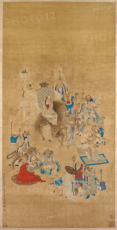 Bathing of the Buddha Festival, Qing dynasty, 1833, Hua Ziyou, Chinese, 19th century, China, Hanging scroll, ink and color on paper, 108.9 × 54.2 cm (42 7/8 × 21 3/8 in.)