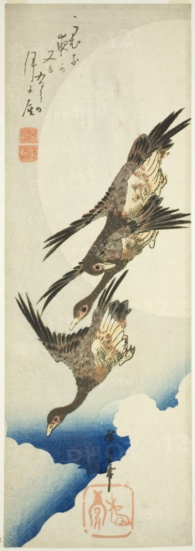 Flying geese and full moon, early 1830s, Utagawa Hiroshige ?? ??, Japanese, 1797-1858, Japan, Color woodblock print, chutanzaku, 36 x 12.5 cm
