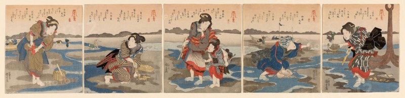 Low Tide at Susaki, A Set of Five (Shiohi goban no uchi), c. 1828/30, Utagawa Kuniyoshi, Japanese, 1797–1861, Japan, Color woodblock prints, shikishiban pentaptych, surimono, 21.2 x 91.8 cm (8 5/16 x 36 1/8 in.)
