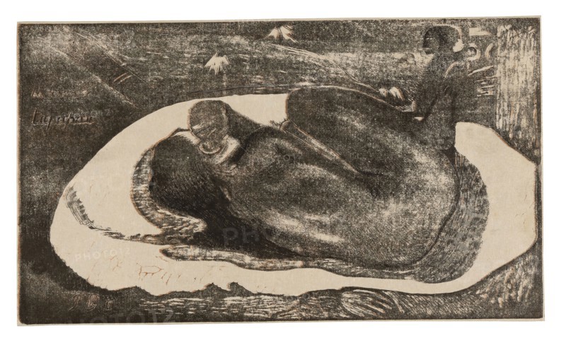 Manao tupapau (She Thinks of the Ghost or The Ghost Thinks of Her), from the Noa Noa Suite, 1893/94, Paul Gauguin, French, 1848-1903, France, Wood-block print, printed three times in reddish-brown, black, and light black ink, with touches of brush and black gouache and silver-gray watercolor (altered from black), on ivory laid Japanese paper, laid down on ivory wove Japanese paper (a laminate made by the artist), 204 × 357 mm (image), 207 × 359 mm (sheet)