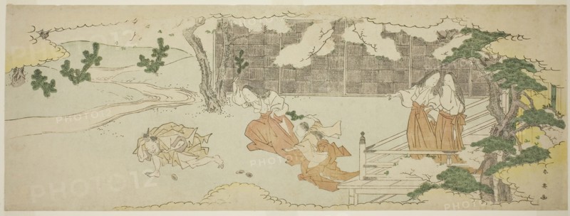 Court Ladies on a Balcony Watching a Woman and a Girl Chasing a Man in the Yard under Blossoming Cherry Trees, late 1790s, Katsukawa Shun’ei, Japanese, 1762-1819, Japan, Color woodblock print, long surimono, 19 x 51.7 cm (7 1/2 x 20 3/8 in.)