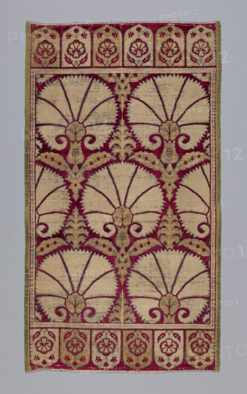 Cushion Cover, 1601/25, Turkey, Bursa, Turkey, Silk, gilt-and-silvered-metal-strip-wrapped silk, and cotton, satin weave with supplementary brocading wefts, and two-color cut voided velvet, 119.8 x 66.6 cm (47 1/8 x 26 1/4 in.)