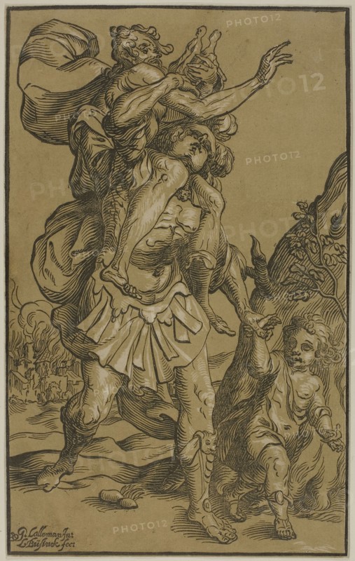 Aeneas and Anchises, n.d., Attributed to Ludolph Büsinck (German, 1585-1648), or Jean Baptiste Lallemand (French, 1710-1803), Germany, Chiaroscuro woodcut on paper, 353 x 222 mm