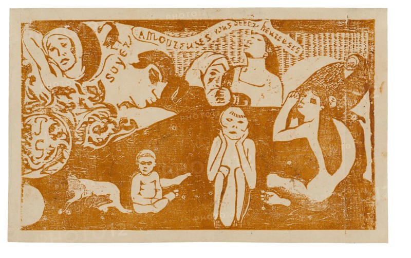 Soyez amoureuses, vous serez heureuses (Love, and You Will Be Happy), from the Suite of Late Wood-Block Prints, 1899, Paul Gauguin, French, 1848-1903, France, Wood-block print in dark-orange (burnt sienna) ink on cream wove paper, 164 × 277 mm (image), 184 × 297 mm (sheet)