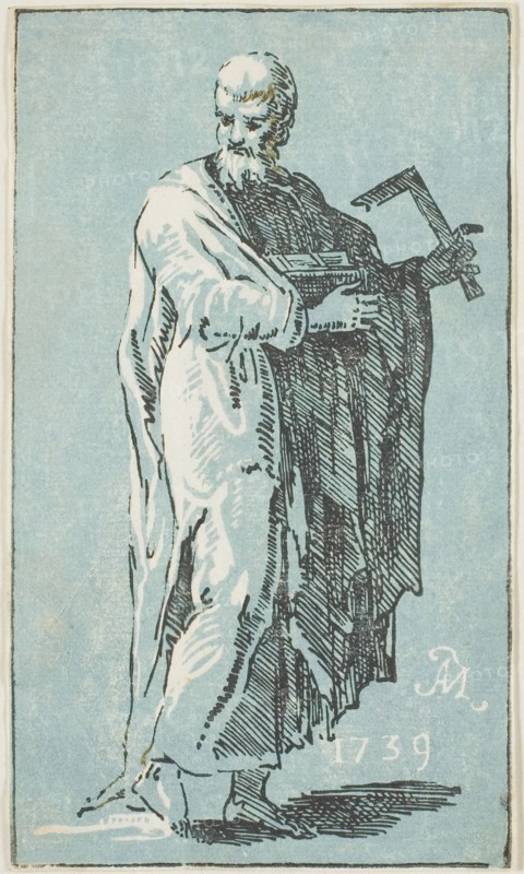 St. James Minor, 1739, Conte Anton Maria Zanetti, Italian, 1680–1767, Italy, Chiaroscuro woodcut in black, blue and brown on ivory laid paper, 171 x 100 mm (image/sheet, trimmed to block)