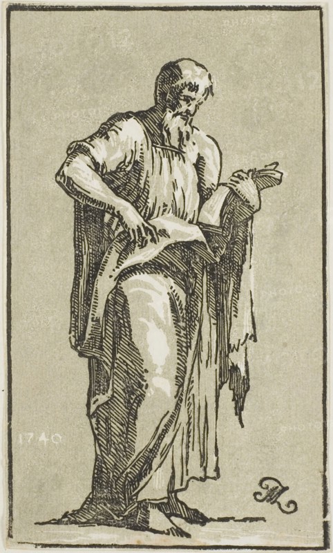 An Apostle, 1740, Conte Anton Maria Zanetti, Italian, 1680–1767, Italy, Chiaroscuro woodcut in black and gray on ivory laid paper, 170 x 100 mm (image/sheet, trimmed to block)