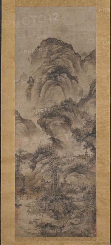 Water Pavilion by Twin Pines, Yuan or early Ming dynasty, 14th–15th century, Chinese, early 14th century, China, Hanging scroll, ink and light colors on paper, 100.3 × 35.5 cm (39 1/2 × 14 in.)