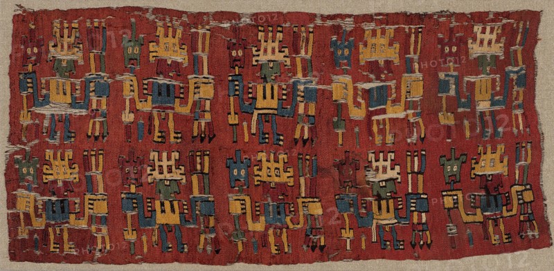 Fragments, possibly A.D. 500/600, Nazca, Possibly Nazca Valley, south coast, Peru, Peru, Cotton and wool (camelid), slit tapestry weave with outlining wefts, 58.1 x 27.6 cm (22 7/8 x 10 7/8 in.)