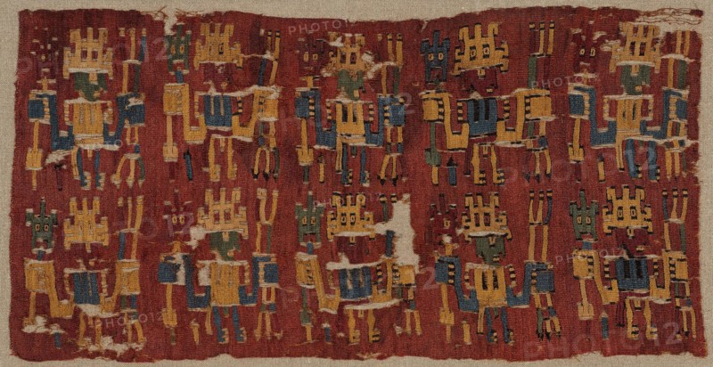 Fragment, possibly A.D. 500/600, Nazca, Possibly Nazca Valley, south coast, Peru, Peru, Cotton and wool (camelid), slit tapestry weave with outlining wefts