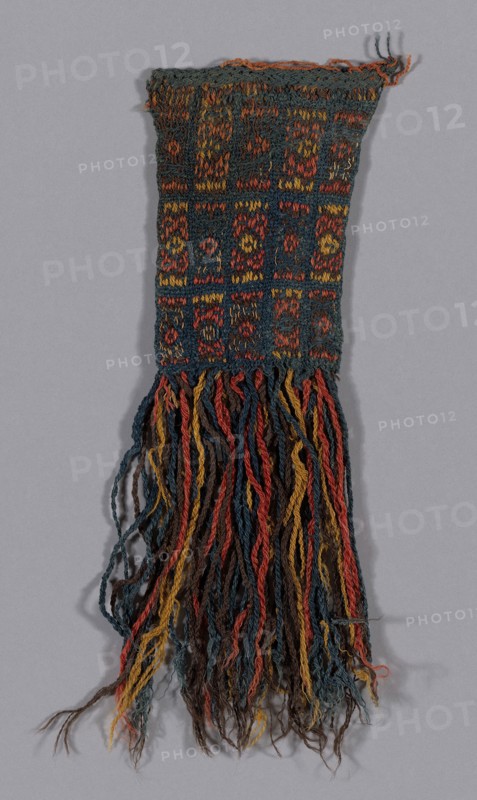 Panel (Probably from a Mantle), A.D. 800/900, Nazca, Peru, Probably south coast, Peru, Cotton and wool (camelid), tubular plain weave double cloth with stripes of four-color complementary warp weave, plied warp fringe, 28.9 x 10.2 cm (11 3/8 x 4 in.)