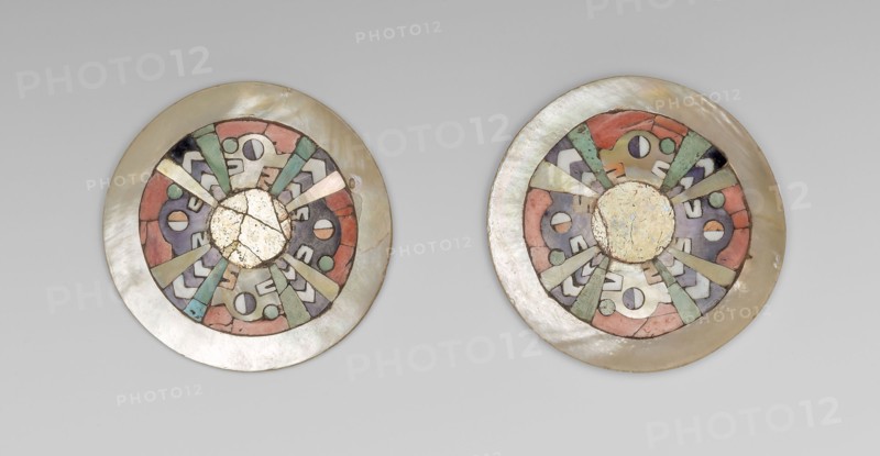 Ear Ornaments, A.D. 400/800, Tiwanaku-Wari, Coastal Peru or highland Bolivia, Peru, Shell, stone, silver, and copper, Diam. 6.5 cm (2 9/16 in.)