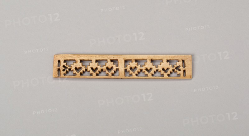 Balance-Beam Scale with Cut-Out Lattice-Like Design, A.D. 500/800, Possibly Nazca, South coast, Peru, Peru, Bone, L. 9.8 cm (3 7/8 in.), Pair of Ear Plugs Incised with Bird Motif, A.D. 1450/1532, Inca, South coast, Peru, Peru, Gold with pigment, Diam. 2.7 cm (1 1/16 in.) each