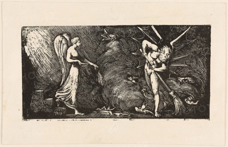 ‘The Man Sweeping the Interpreter’s Parlour,’ from Bunyan’s Pilgrim’s progress, 1820–22, William Blake, English, 1757-1827, England, Relief etching and white line engraving on ivory wove paper, 80 × 162 mm (image/block), 122 × 191 mm (sheet)