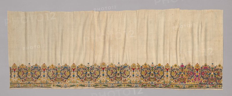 Skirt, 18th century, Greece, Crete, Crete, Linen, plain weave, embroidered with silk in back, overcast back, chain, Cretan, Roumanian, satin, split, stem, and whipped stem stitches, couching, five loom widths joined, 114.5 × 306.8 cm (45 × 120 3/4 in.)