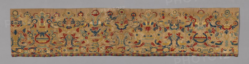 Border (For a Skirt), 18th century, Greece, Crete, Crete, Linen, plain weave, embroidered with silk in Cretan, closed herringbone, satin, split, and stem stitches, open chain, couching, and French knots, edged with silk, plain weave extended weft cut fringe, pieced, 37.5 × 175.2 cm (14 3/4 × 69 in.)