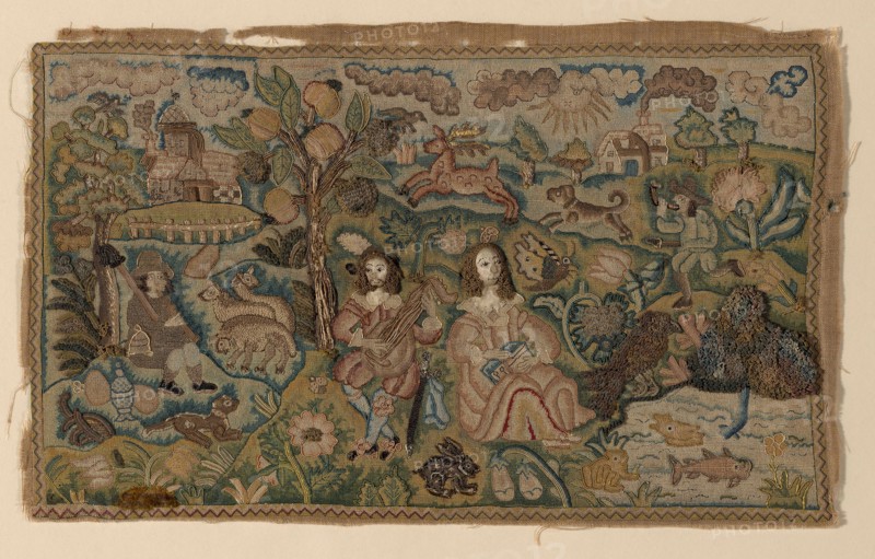 Picture, 17th century, England, Probably linen, plain weave, appliquéd with silk, warp-float faced 4:1 satin weave over bast fiber padding, embroidered with silk, silk-wrapped-metal-wire coils, silvered-metal-strip-wrapped silk and feathers in bullion, buttonhole, detached twisted trammed buttonhole, encroaching Gobelin, individual back, raised stem and tent stitches, laid work and couching, embellished with mica, 21.9 × 35.2 cm (8 5/8 × 13 7/8 in.)