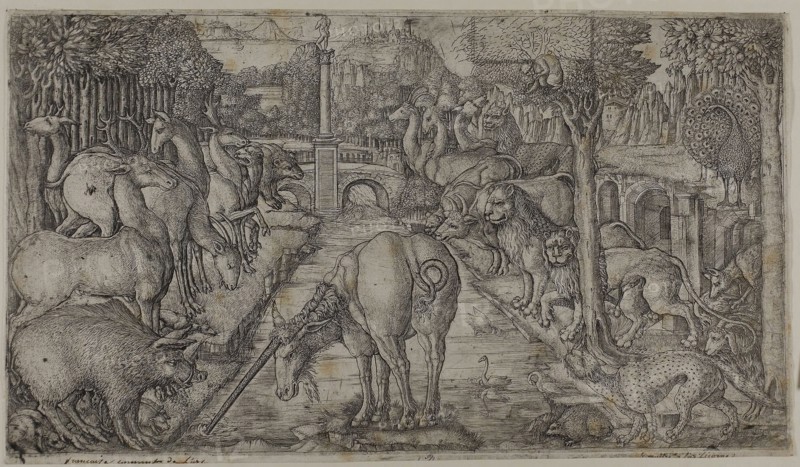 The Unicorn Purifying a Source, n.d., Jean Duvet, French, 1485-after 1561, France, Etching and engraving on paper, 223 × 399 mm (plate), 227 × 402 mm (sheet)
